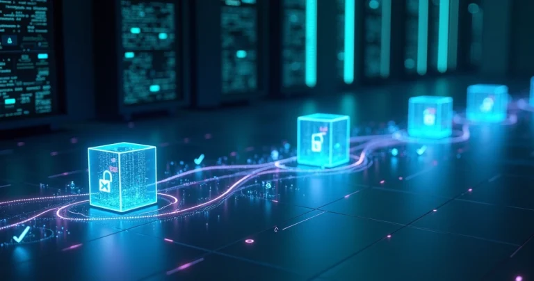 Fluxo digital replicando arquivos entre pods em data center futurista